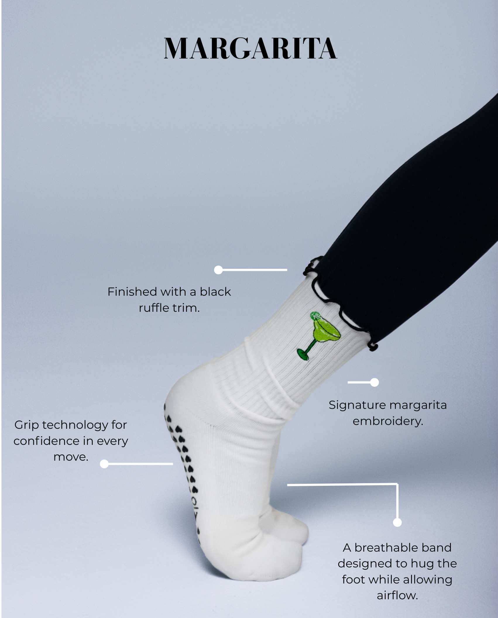 White sock with black ruffle trim and margarita embroidery on a light blue background